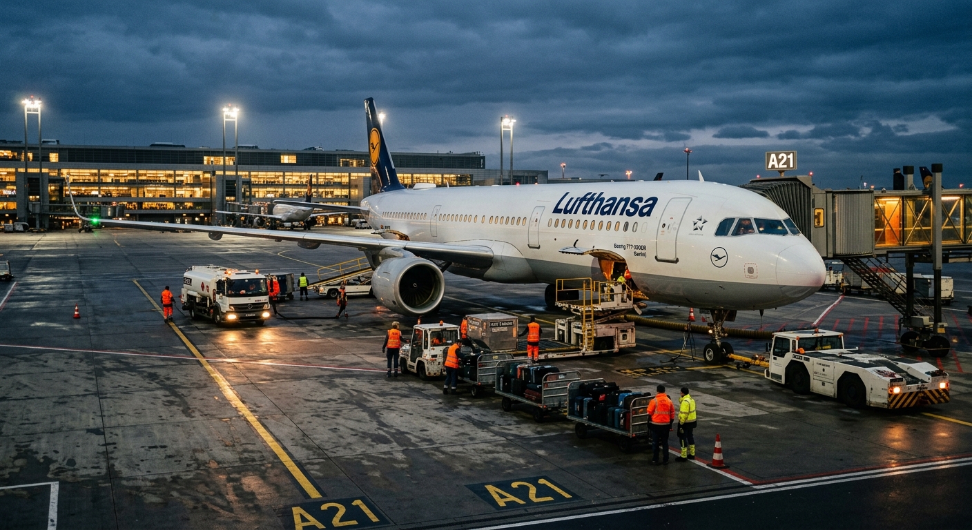 Ramp turnaround · ground crew, radios, high-vis