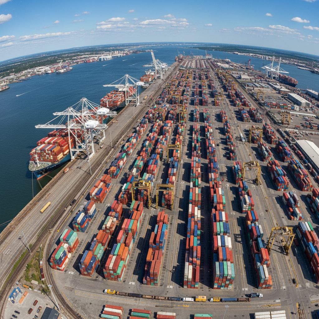 Port Newark Container Terminal yard with stacked containers and straddle carriers under Opsima EquipmentOS
