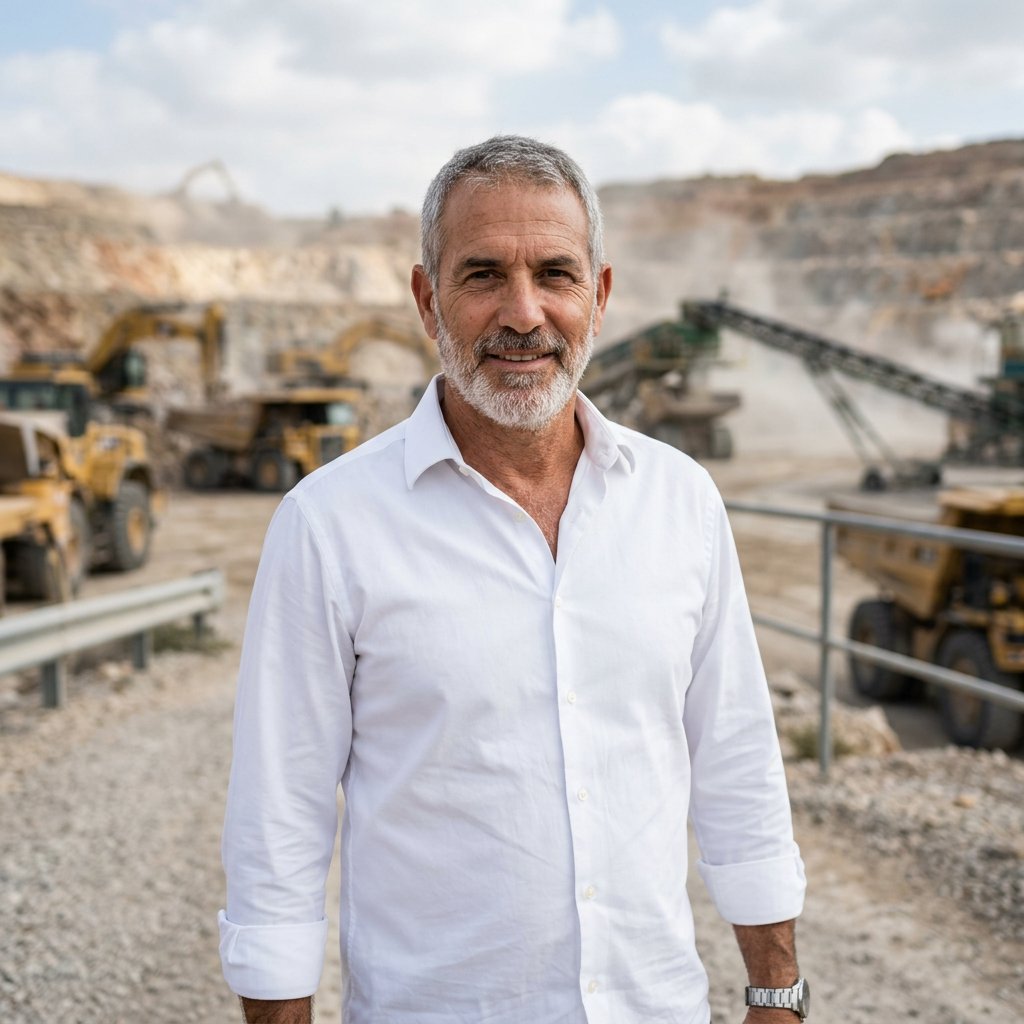 Open-pit mining operation with haul trucks and excavators working a quarry face