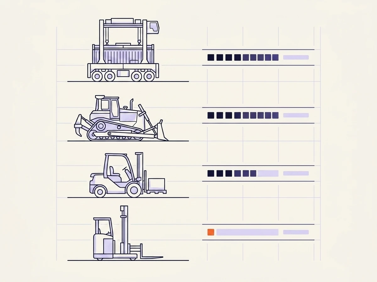 A mixed fleet of machines, each with a utilisation bar for the shift.