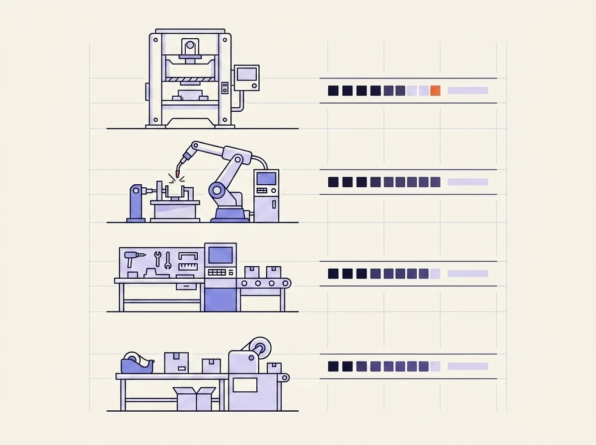 Four production stations stacked in rows, each with a run progress strip.