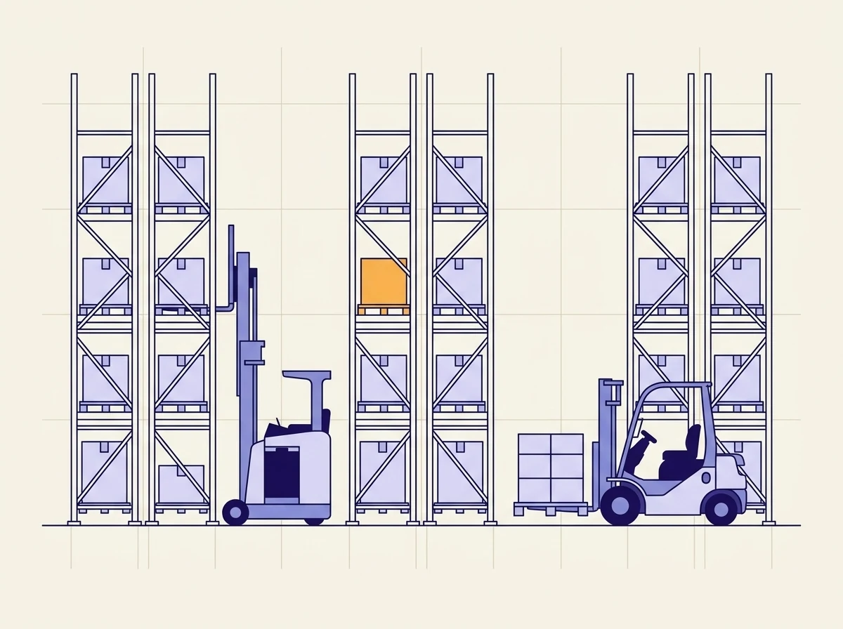 Warehouse racking aisles with pallet positions and a picking machine below.