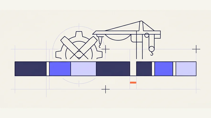 Flat illustration of a horizontal timeline of uptime blocks broken by narrow downtime gaps, with a gear and crane outline above and one gap marked in orange.