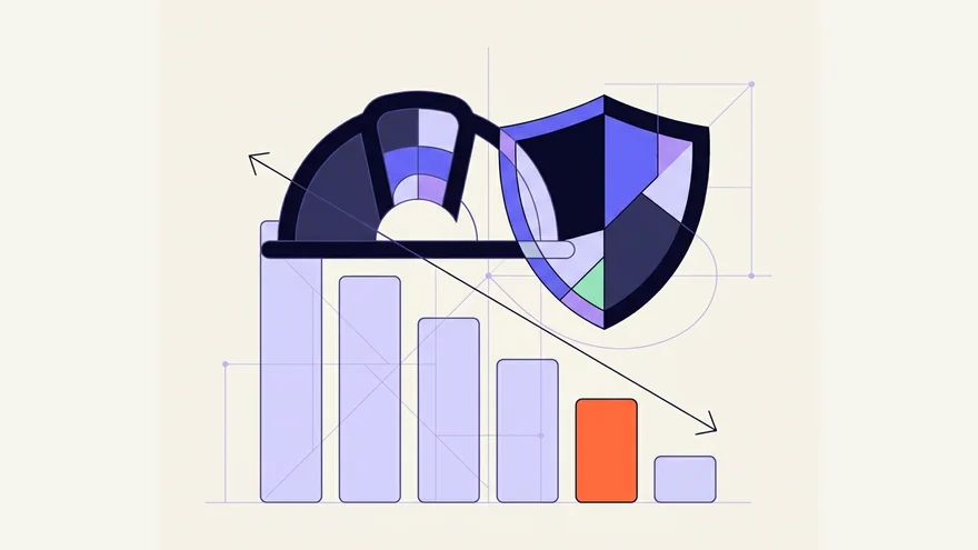 Flat illustration of a hard hat and shield beside a bar sequence stepping downward, with one bar highlighted in orange.